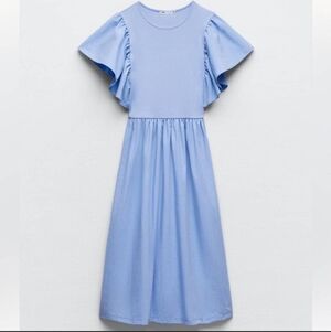 ZARA Ruffle Flutter Sleeve Midi Dress Light Blue Ribbed Top Cotton Blend Sz M